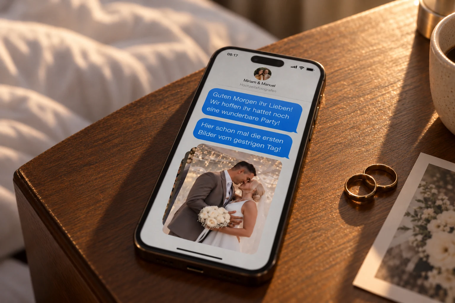 Smartphone auf einem hölzernen Nachttisch mit einer Nachricht von Miriam & Manuel und ersten Hochzeitsbildern am Morgen nach der Hochzeit